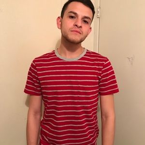 PAIRED ITEMS: striped tee + navy sweatshirt/hoodie